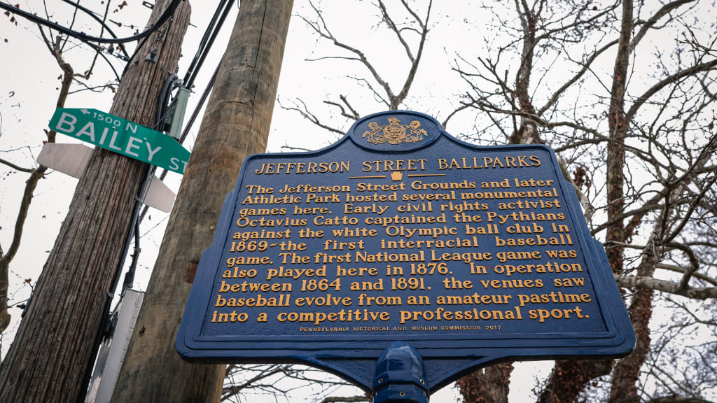 A plaque marking the first interracial baseball game played at Jefferson Street Grounds in Philadelphia
