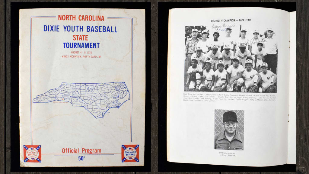 The 1975 North Carolina Dixie Youth Baseball State Tournament program. On the page with a photo of Michael Jordan's Cape Fear team, he signed his name above his picture. Photo courtesy: Justin Jones