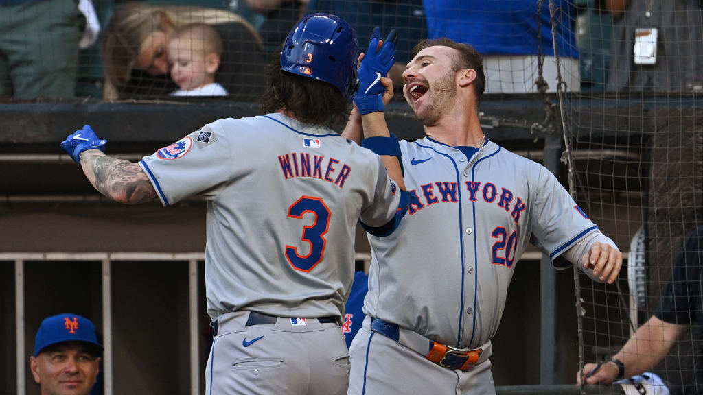 Jesse Winker and Pete Alonso celebrate after both homering in the first inning on Aug. 31, 2024, against the White Sox. (Quinn Harris/Getty Images)