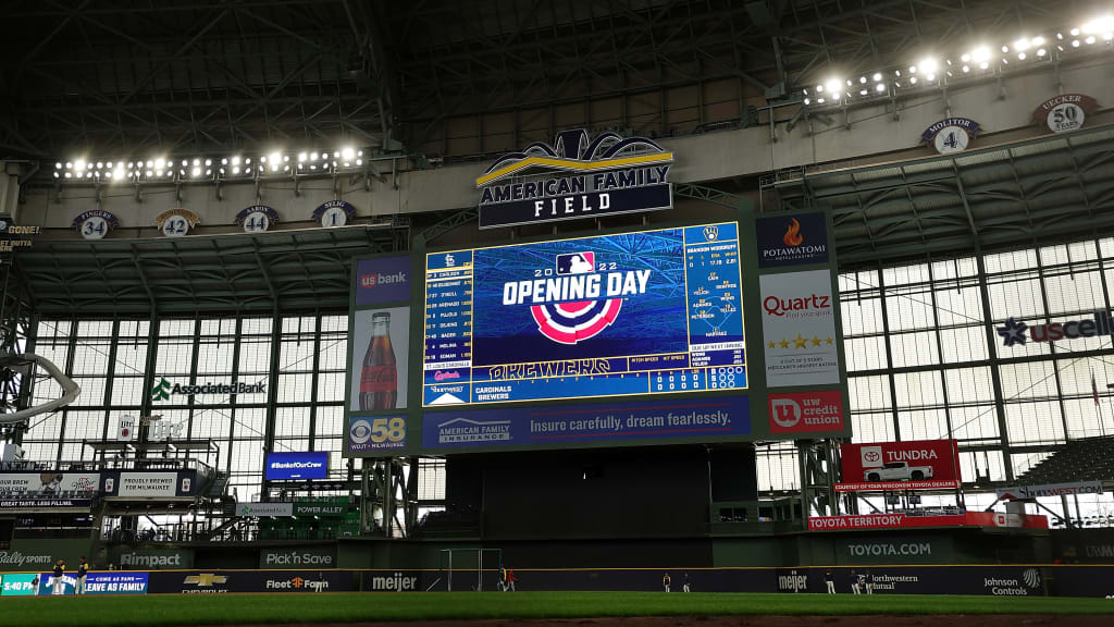 The scoreboard at American Family Field on Opening Day 2022