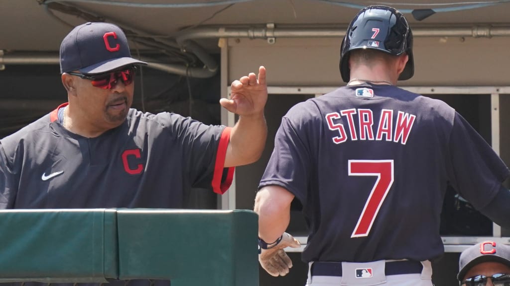 Cleveland interim manager DeMarlo Hale, left, congratulates Myles Straw on a home run in 2021.