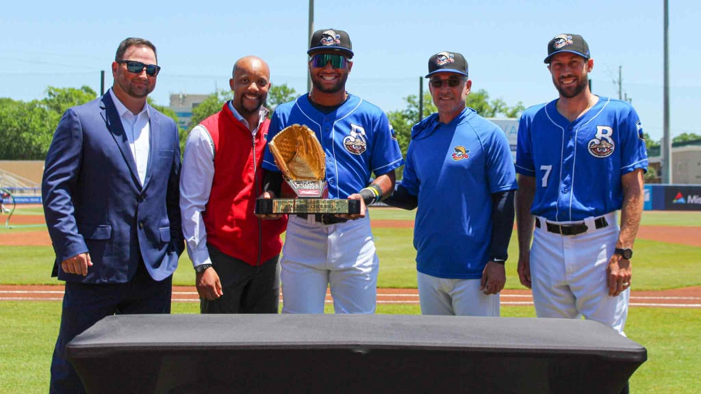 Jackson Chourio accepts his Rawlings Gold Glove award (photo via Joshua Sumrall/Biloxi Shuckers)