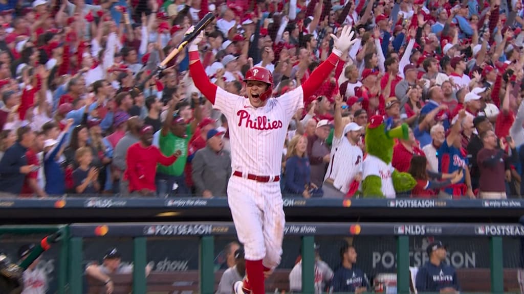 Rhys Hoskins spikes bat after NLDS Game 3 home run