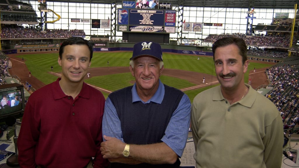 From L-R: Former Brewers radio broadcaster Jim Powell, Bob Uecker and Kent Sommerfeld in 2001