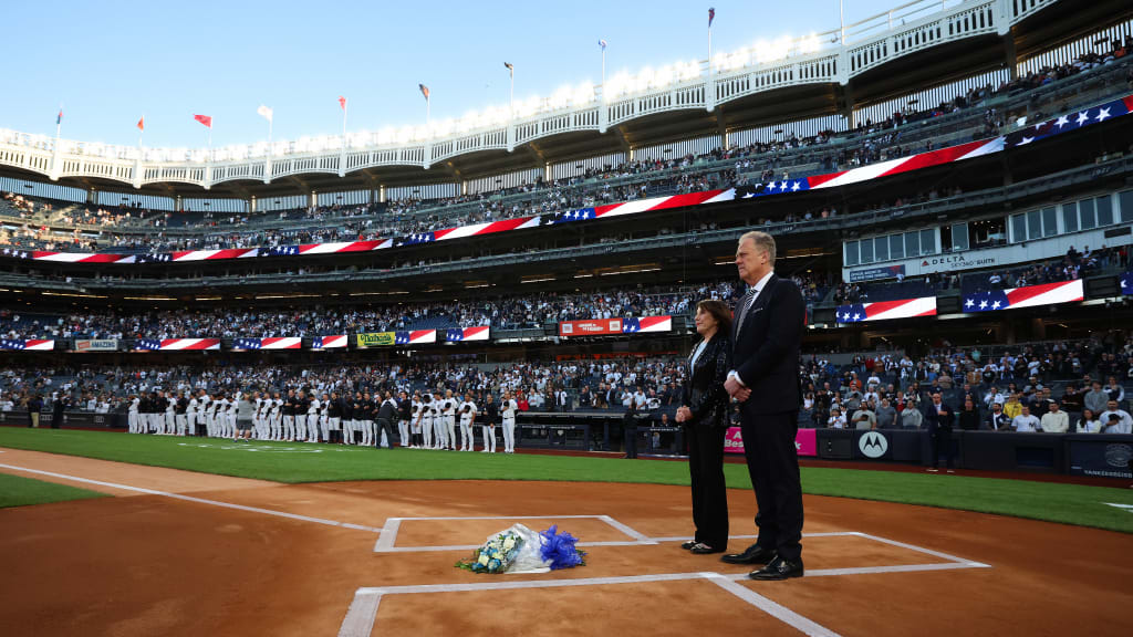 Before the Yankees faced the Orioles on May 4, the team paid tribute to Sterling, who passed away that morning at age 87. Fans observed a moment of silence after Waldman and Kay placed flowers at home plate. (Photo Credit: New York Yankees)