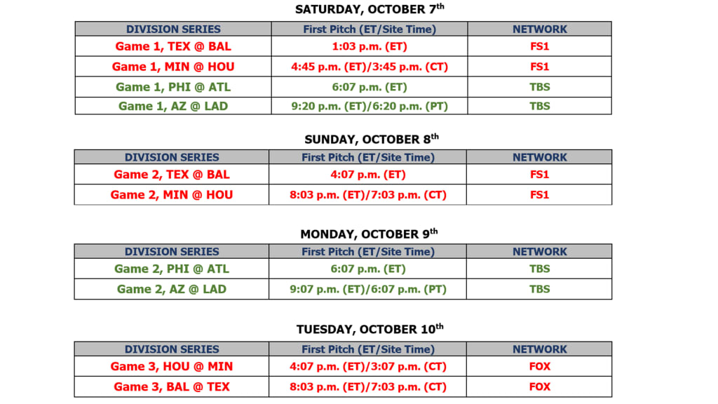 MLB Communications on X: The broadcast schedule for Postseason games  through Sunday was announced today by @MLB. @FS1 and @MLBNetwork will have  exclusive live coverage of the ALDS presented by @GoodSam, while @