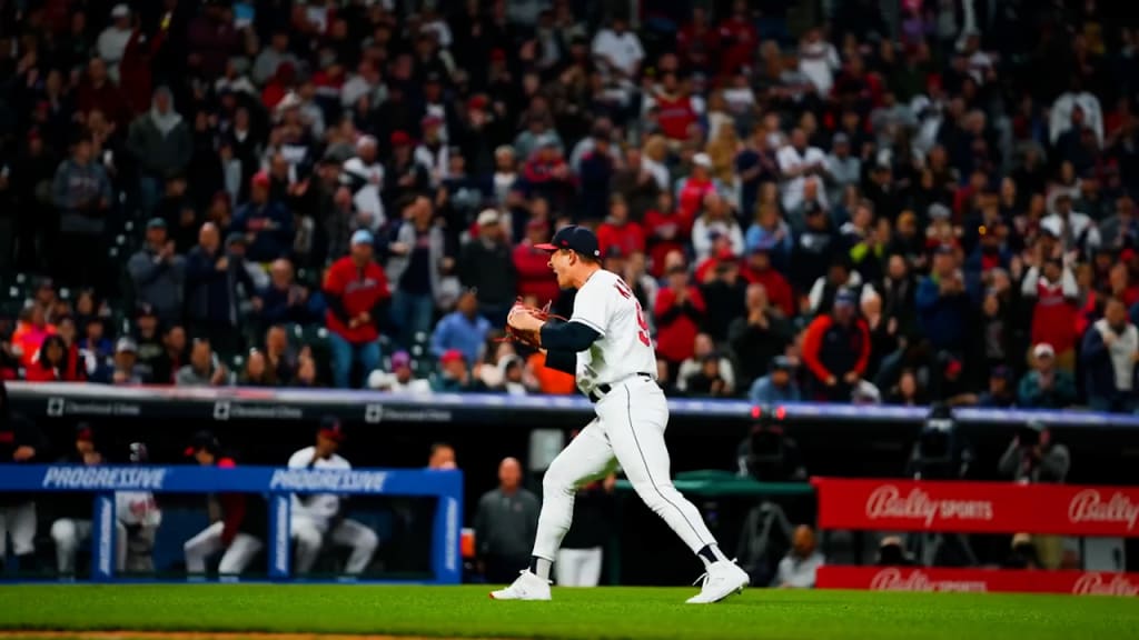 Cleveland Guardians relief pitcher James Karinchak celebrates after  completing the eighth inning of a baseball game against the New York  Yankees in Cleveland, Monday April 10, 2023. (AP Photo/Phil Long)