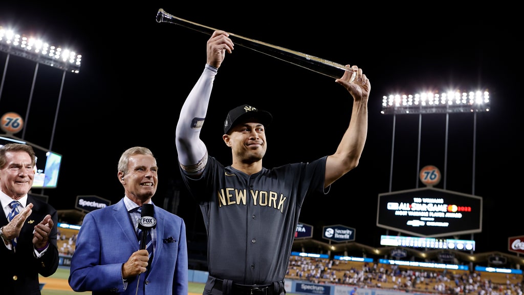 Giancarlo Stanton is presented the 2022 All-Star Game MVP Trophy