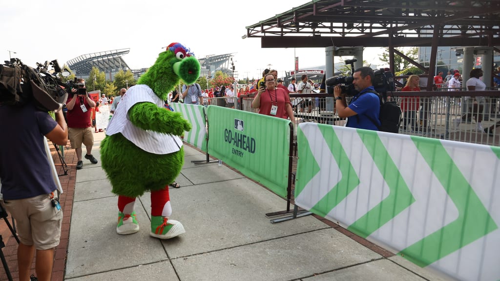 The Phillie Phanatic shows the new Go-Ahead Entry lane.