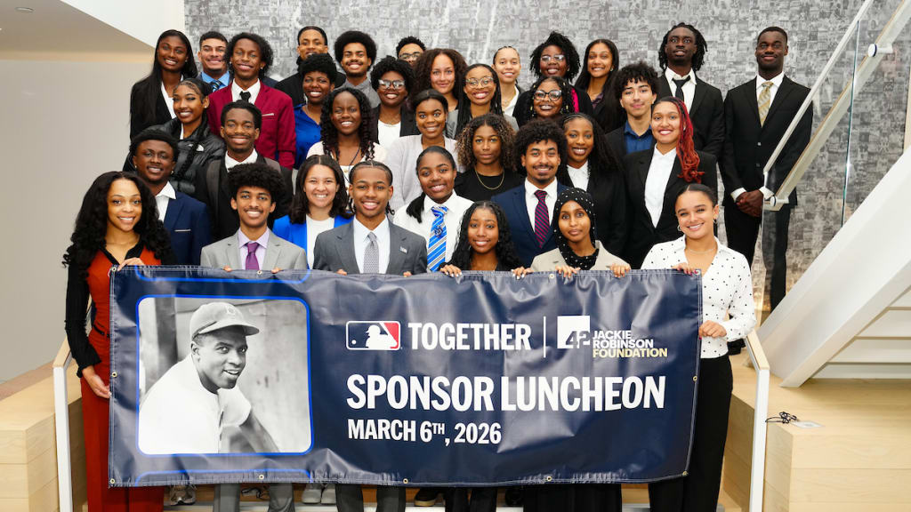 NEW YORK, NY - MARCH 06: Scholars pose for a group photo during the 2026 Jackie Robinson Foundation scholars luncheon at MLB Headquarters on Friday, March 6, 2026 in New York, New York. (Photo by Eve Kilsheimer/MLB Photos via Getty Images)