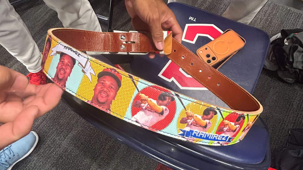 José Ramírez shows off his custom belt. (photo via Tim Stebbins)