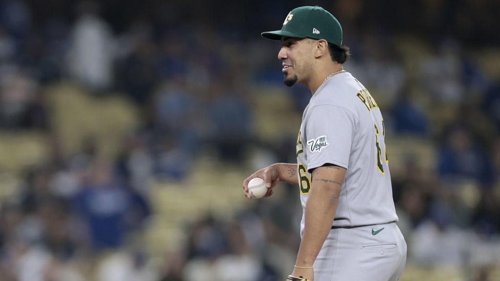 A's catcher Jhonny Pereda on the mound at Dodger Stadium
