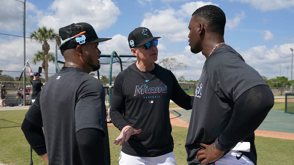 Luis Arraez (L) and Jorge Soler (R) with hitting coach Brant Brown (middle)