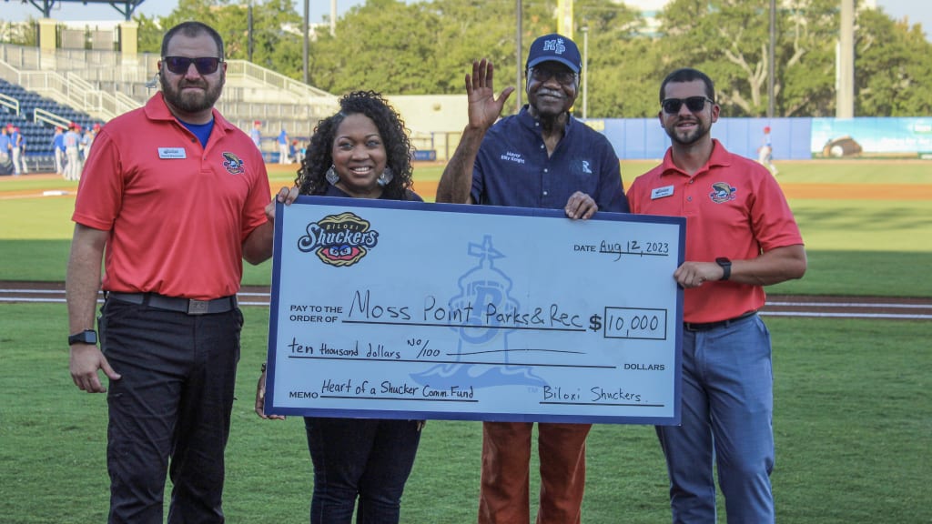 (Left to Right) David Blackwell, Shuckers community relations manager, Donna Joseph, director of Moss Point Parks and Recreation, Billy Knight, mayor of Moss Point, Trevor Matifes, Shuckers assistant general manager.