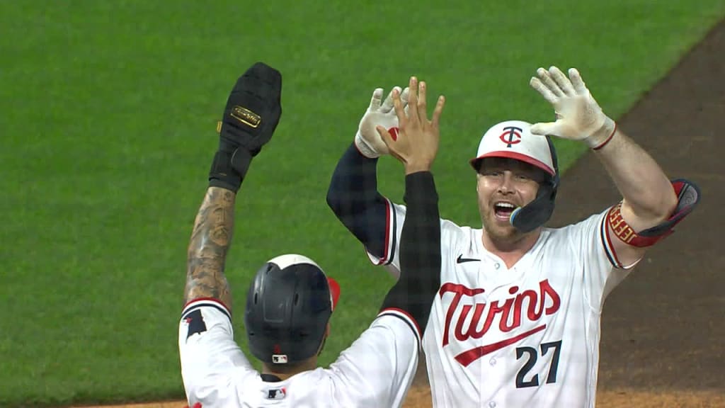 Minneapolis, USA. 05th Aug, 2023. Minnesota Twins catcher Ryan Jeffers (27)  celebrates a double in the third inning during a MLB regular season game  between the Arizona Diamondbacks and Minnesota Twins, Saturday