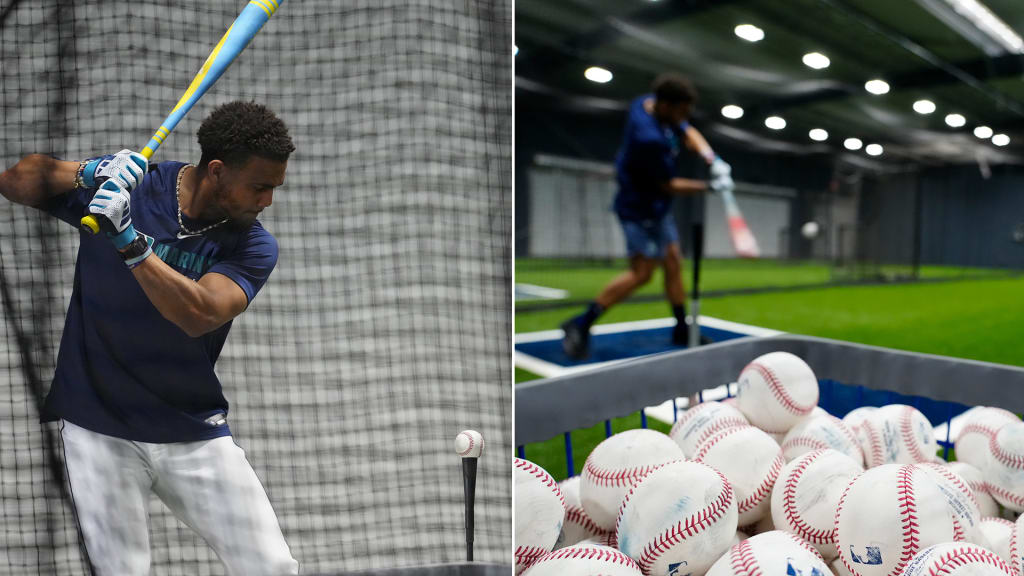 Julio Rodríguez in the new batting cages at the Peoria Sports Complex.