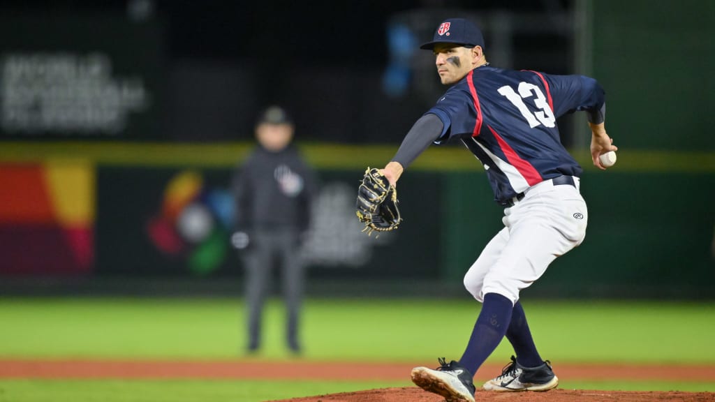 Martin Schneider throws a pitch against Spain in the 2022 World Baseball Classic Qualifiers.