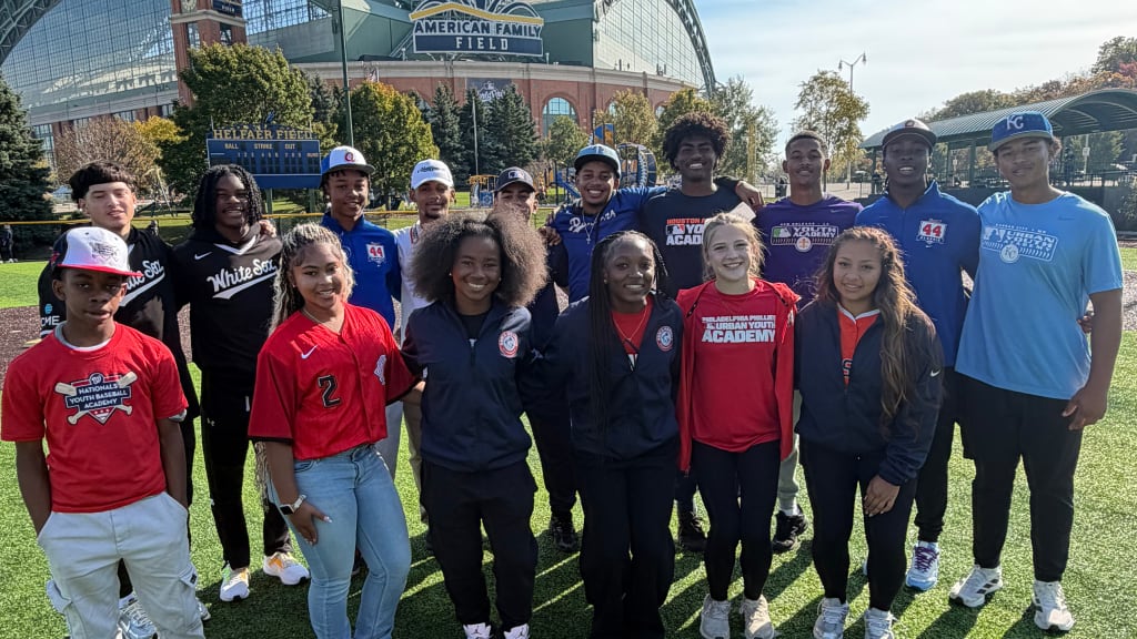 Athletes from MLB's youth programs pose outside of American Family Field before Game 2 of the World Series in Milwaukee. (Alexa Ramos-Rodriguez, MLB)