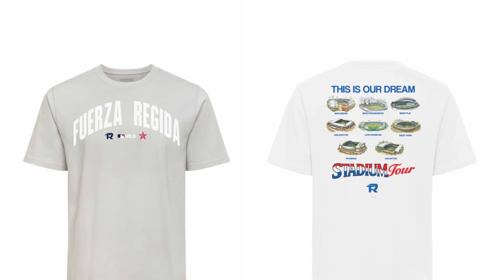 Thursday's shirt release on the left. The back of the tour T-shirt, featuring eight big league ballparks, on the right.