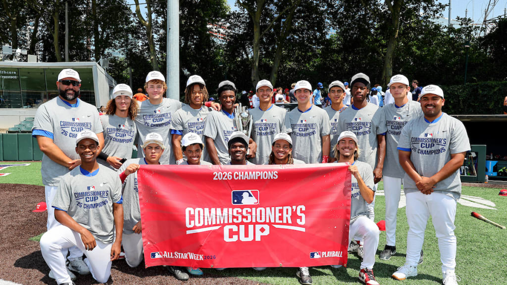 The Texas Rangers Youth Academy celebrates winning the 2026 All-Star Commissioner’s Cup Championship. (Hunter Martin/MLB Photos via Getty Images)