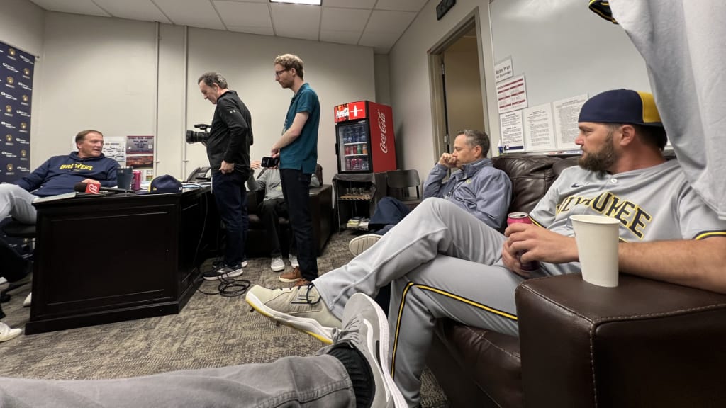 Wade Miley sits in on manager Pat Murphy's media session prior to Wednesday night's game.