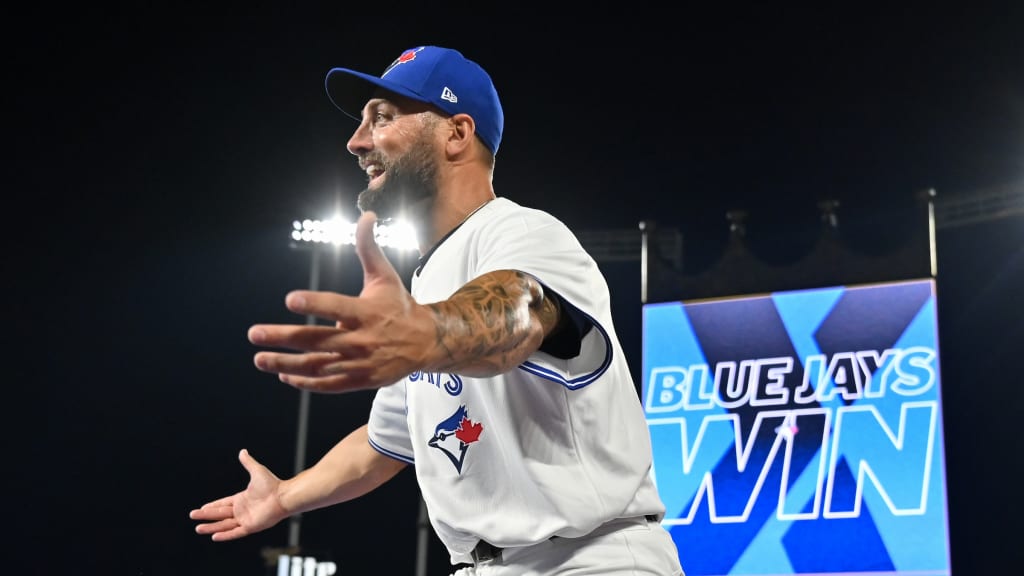 Kevin Pillar celebrates the victory.