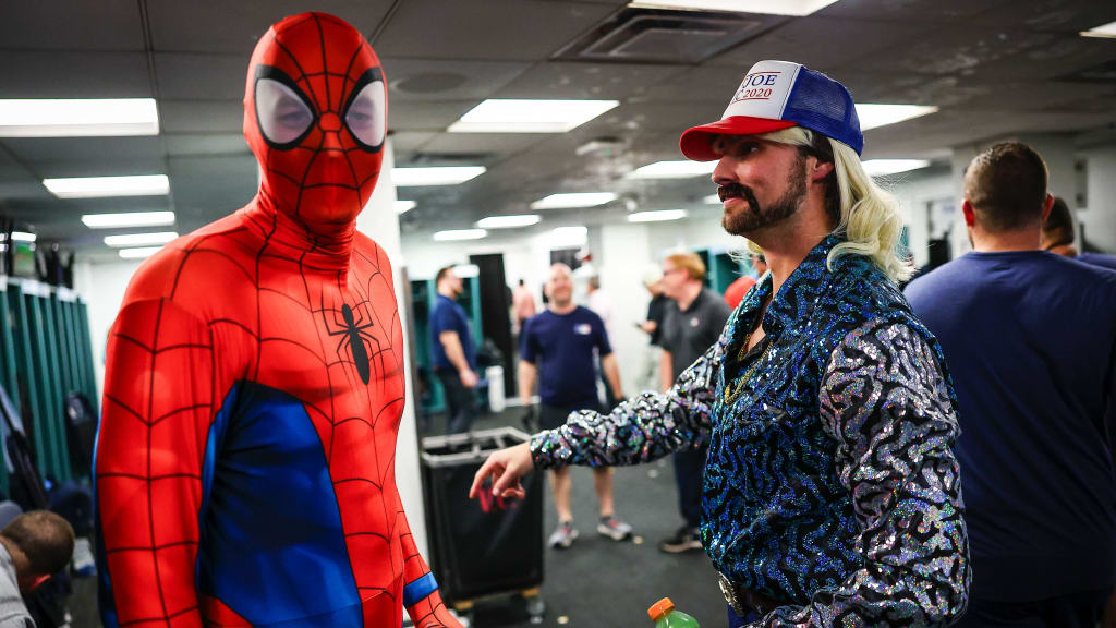 Pete Fairbanks (left) dressed as Spider-Man and Josh Lowe (right) as Joe Exotic