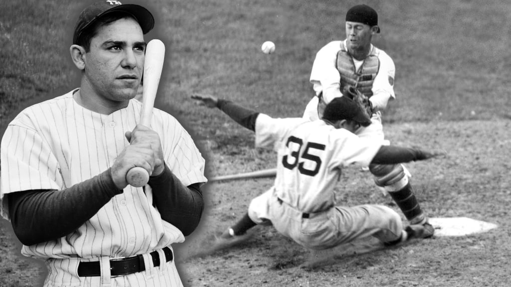 Yogi Berra poses at Yankee Stadium in a photo dated April 17, 1947, and slides into home at Washington a day later.