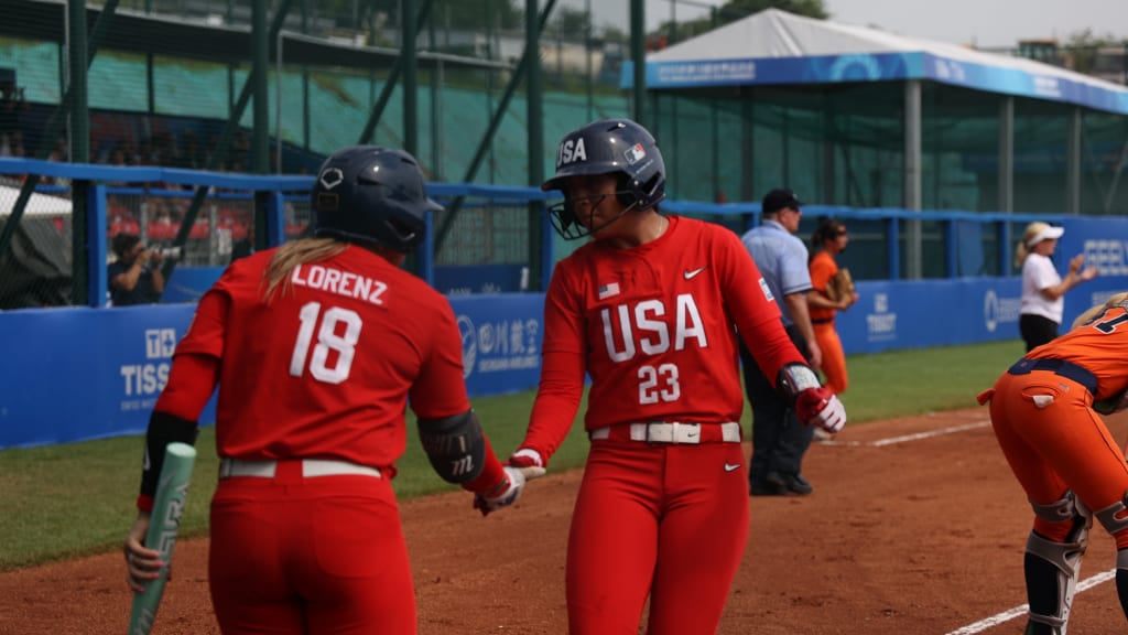 Tiare Jennings and Amanda Lorenz celebrate during the World Games. Photo courtesy WBSC.