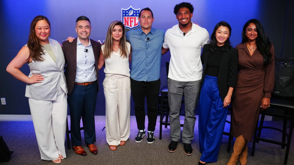 Jess Park (USOPC), Mike Yam (NFL), Reagan Rust (former Premier Hockey Federation hockey player), Luis Robles (former MLS goalkeeper), Zaire Barnes (Jets linebacker), Tammy Henault (NBA) and Janaki Cash (Mets VP) took part in the 2024 AAPI Symposium. (Daniel Shirey/MLB Photos)