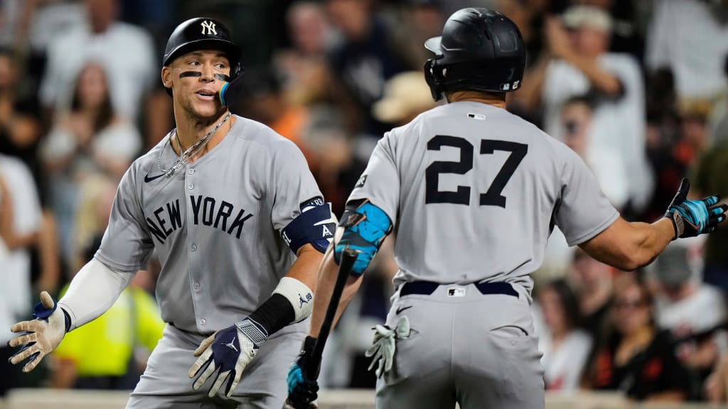 Aaron Judge (left) and Giancarlo Stanton in the Yankees' current road jerseys. (AP)