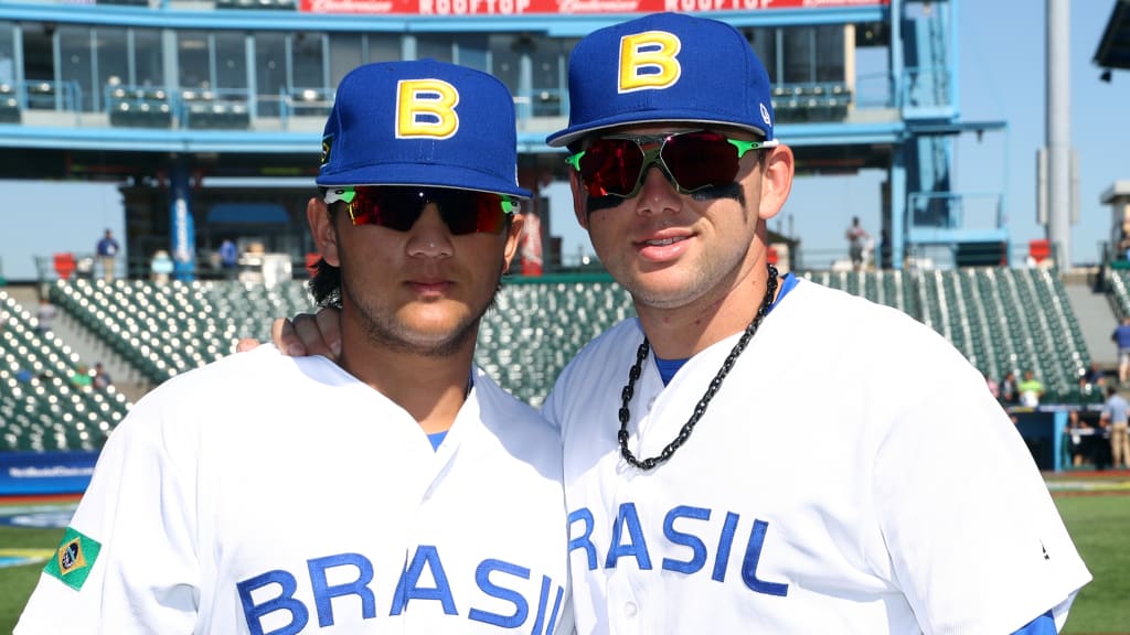 Bo Bichette and his brother, Dante Bichette Jr., lining up for Brazil at the 2016 World Baseball Classic Qualifiers.