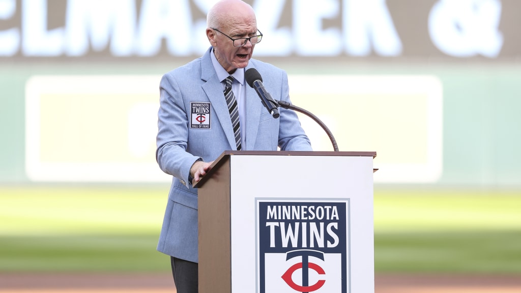 Terry Ryan speaks at the pregame ceremony as he was inducted into the Minnesota Twins Hall of Fame on Aug. 10, 2024. (AP Photo/Matt Krohn)