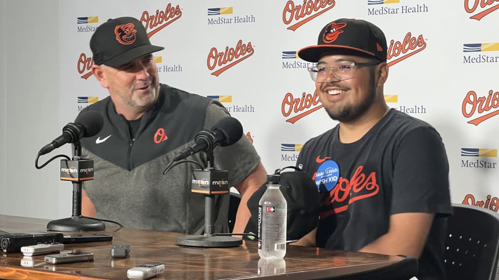 Orioles manager Brandon Hyde (left) is joined by Luke Brockway during a pregame press conference.