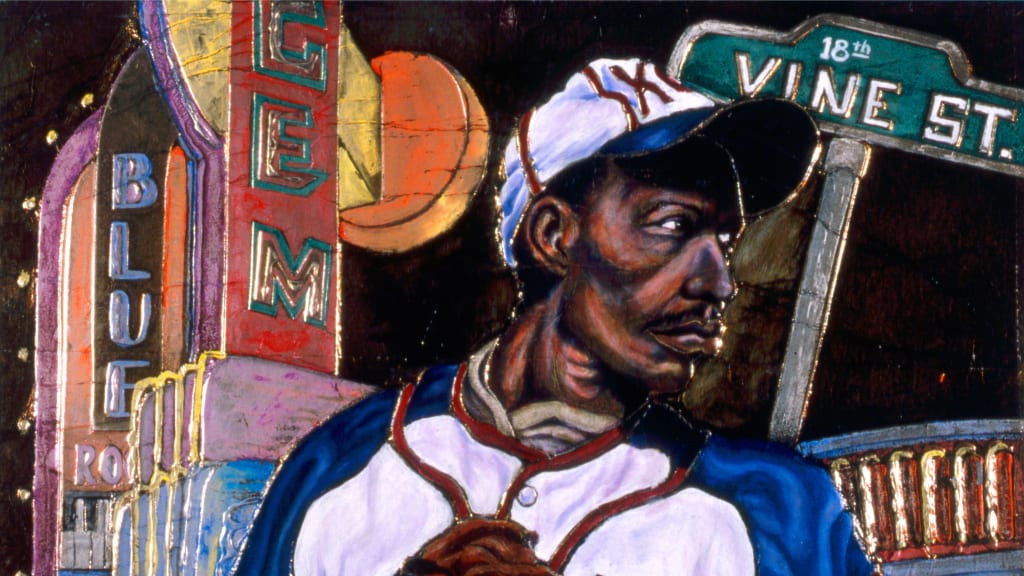Anthony High's painting "Historic Kansas City" with Satchel Paige, foreground, reflects the connections between Black baseball, jazz and Kansas City's thriving 18th and Vine neighborhood during Black Baseball's Heyday. (Copyright Anthony High)
