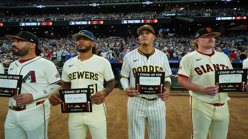 All-Stars pay tribute to loved ones with their Stand Up to Cancer placards.