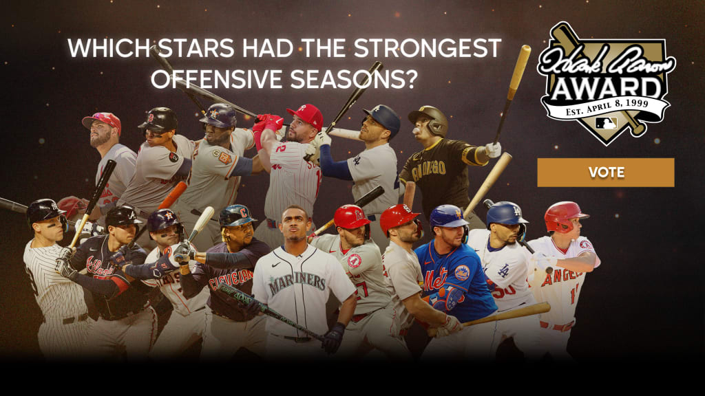 16 hitters shown against a dark-brown background under the text, ''WHICH STARS HAD THE STRONGEST OFFENSIVE SEASONS?'' The Hank Aaron Award logo is in the upper right, with a Vote button below it