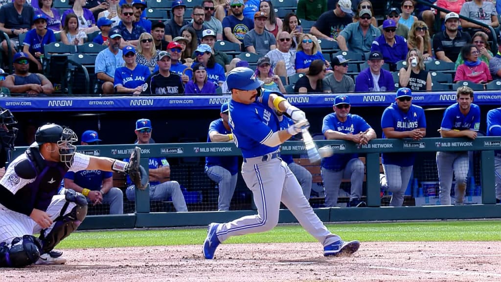 Toronto Blue Jays' Whit Merrifield follows through on a swing during the  first inning of a baseball game between the Baltimore Orioles and the  Toronto Blue Jays, Wednesday, Aug. 23, 2023, in