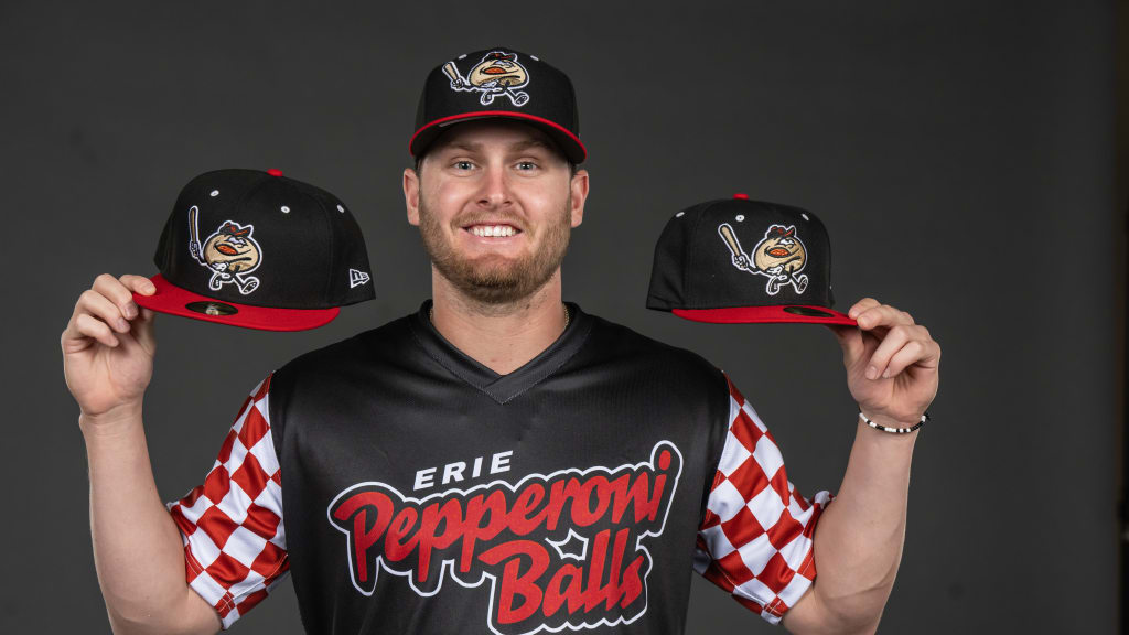 Infielder Andrew Navigato poses in the Pepperoni Balls jersey on Erie's media day.