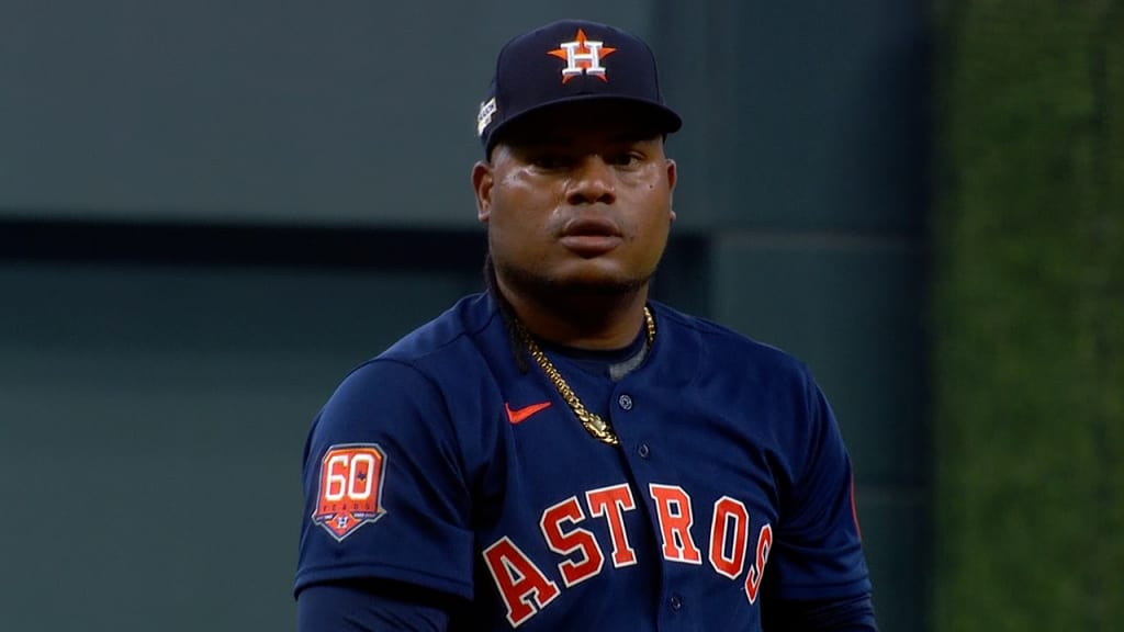 American League relief pitcher Framber Valdez, of the Houston Astros,  throws to a National League batter during the third inning of the MLB All- Star baseball game, Tuesday, July 19, 2022, in Los