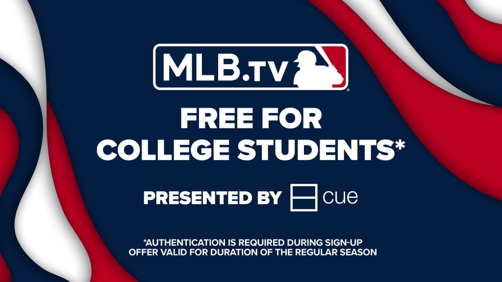 Text on a dark blue background reads: ''MLB.TV free for college students. Authentication is required during sign-up. Offer valid for duration of the regular season.''