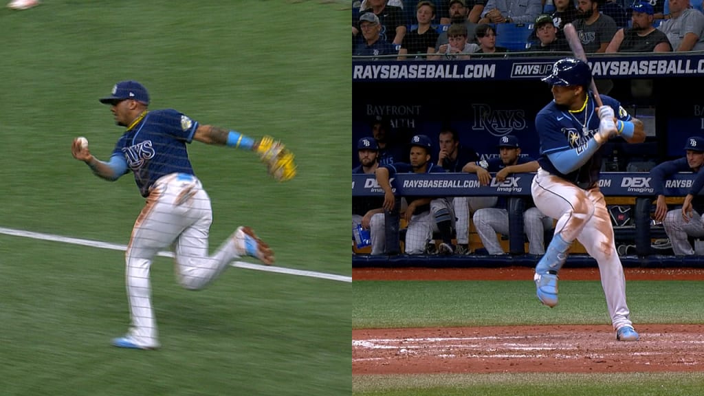 Wander Franco of the Tampa Bay Rays hits a foul in the third