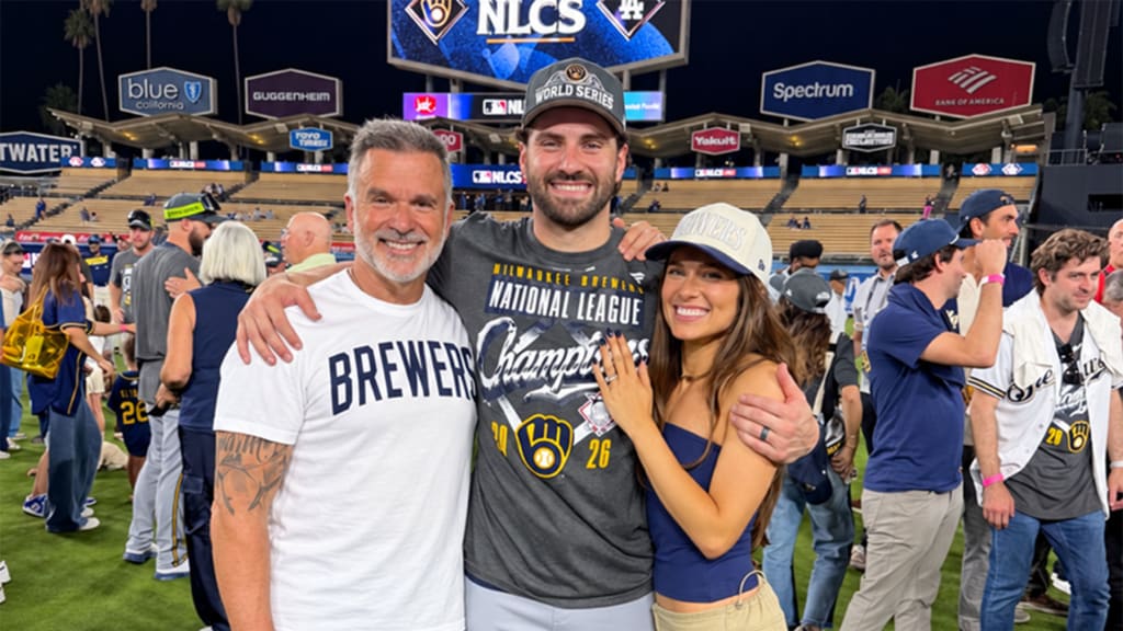 Garrett Mitchell with his dad, Antony, and sister, Lindsey, after the Brewers' Game 4 win in Los Angeles.