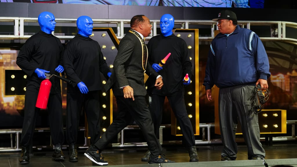 The Blue Man Group was up to its usual antics at the night's proceedings. (Getty Images)