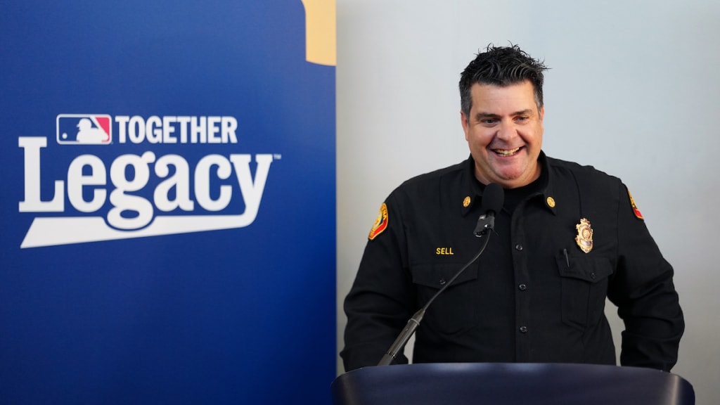 Deputy Fire Chief Tim Sell of Pasadena Fire Department speaks during the 2025 Fall Classic Legacy Initiative event at Pasadena Fire Department Station 37. (Photo by Daniel Shirey/MLB Photos via Getty Images)