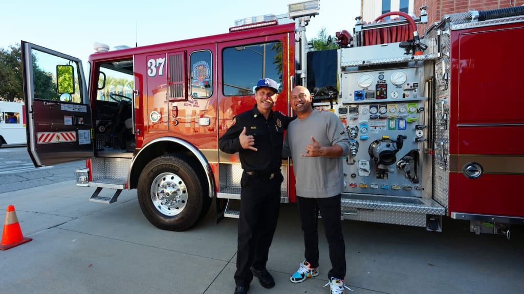 Shane Victorino poses for a photo during the 2025 Fall Classic Legacy Initiative event at Pasadena Fire Department Station 37. (Photo by Daniel Shirey/MLB Photos via Getty Images)
