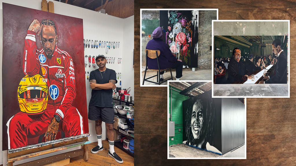 *Amar Stewart's art work, clockwise from left: "Lewis Hamilton," "Black Dahlia," "What’ll it be Mr Torrance?" "Bob"*