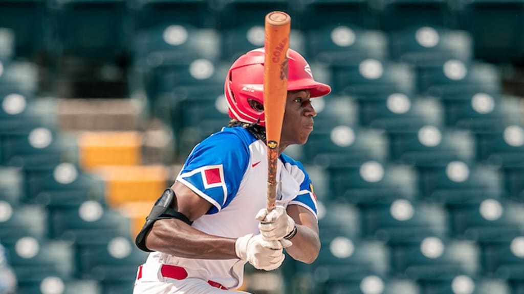 Teyton Braswell at the plate during the 2026 Nike RBI Senior Baseball World Series at Jackie Robinson Training Complex on Thursday in Vero Beach, Fla. (Photo by Jared Blais/MLB Photos via Getty Images)