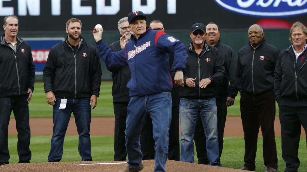 Rick Stelmaszek throws out the ceremonial first pitch prior to the Twins' season opener on April 3, 2017, at Target Field. (AP Photo/Jim Mone)