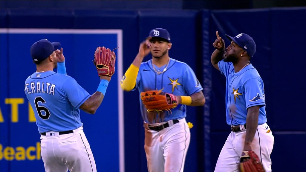 Tampa Bay Rays pitchers Shawn Armstrong, left, weaing a t-shirt to